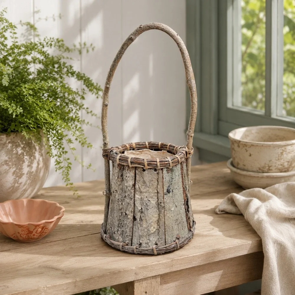 Vintage Bark Planter Basket with Liner Rustic Woodland Cachepot 1970s